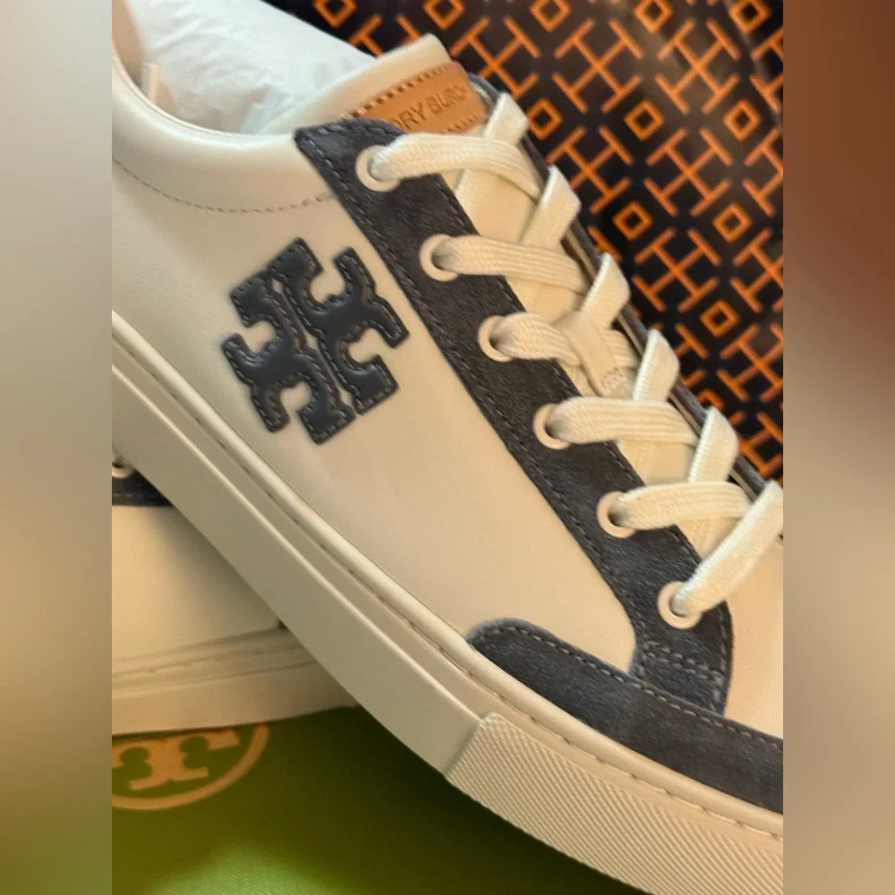 Tory Burch White and Blue Leather Sneakers